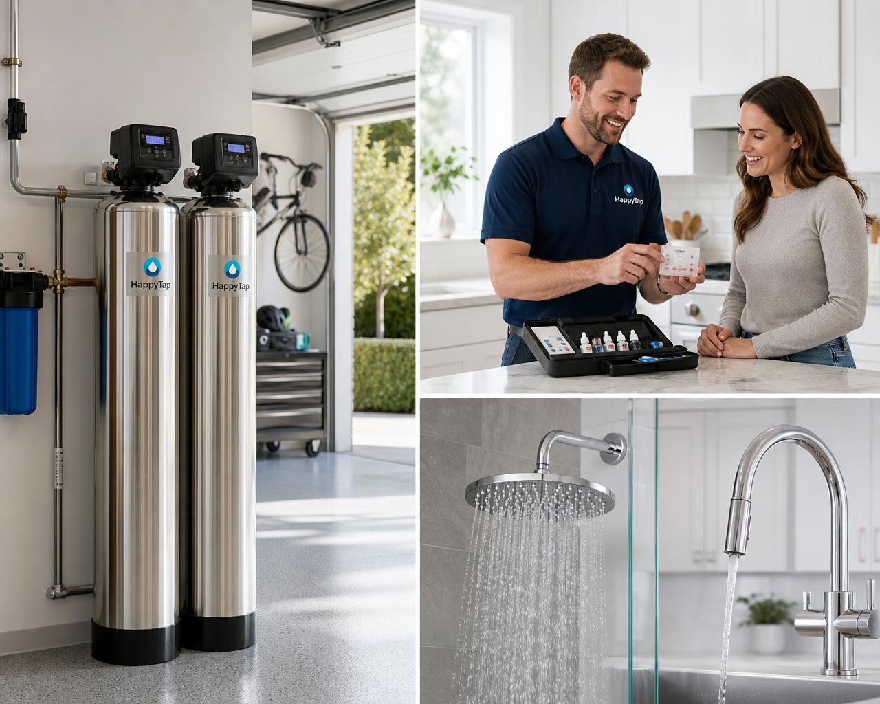 Filtered bottled-quality water pouring into a glass from a South Jersey home kitchen tap treated by a HappyTap whole-home water system
